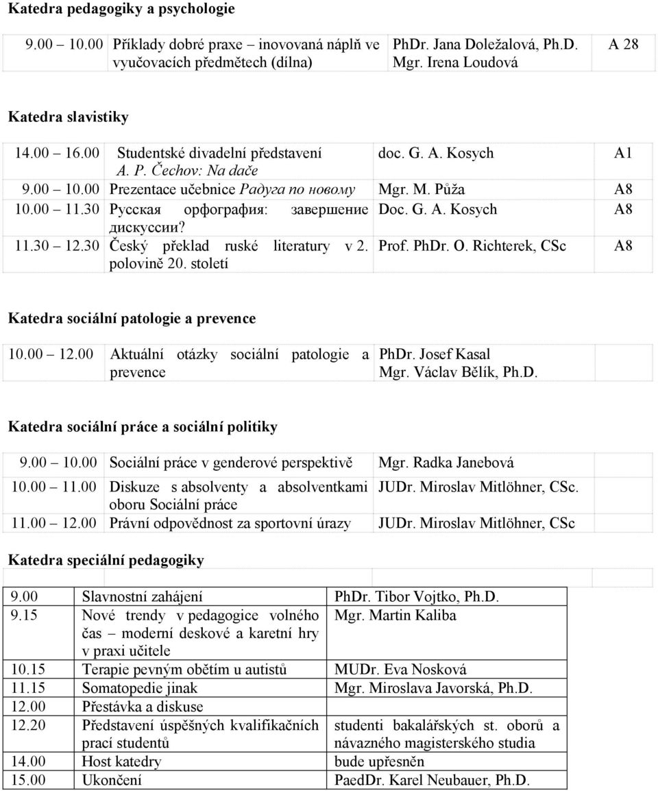 11.30 12.30 Český překlad ruské literatury v 2. Prof. PhDr. O. Richterek, CSc A8 polovině 20. století Katedra sociální patologie a prevence Aktuální otázky sociální patologie a prevence PhDr.