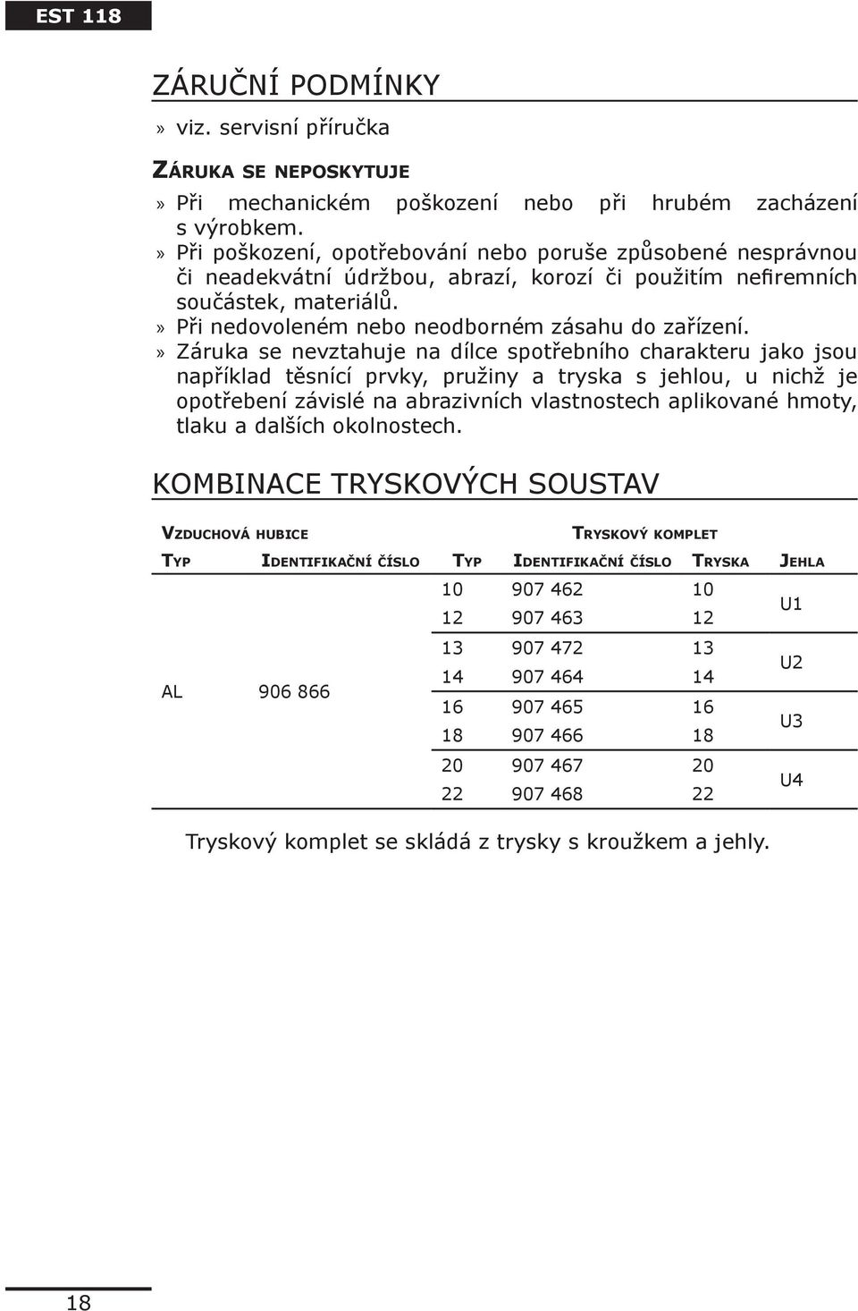 Záruka se nevztahuje na dílce spotřebního charakteru jako jsou například těsnící prvky, pružiny a tryska s jehlou, u nichž je opotřebení závislé na abrazivních vlastnostech aplikované hmoty, tlaku a