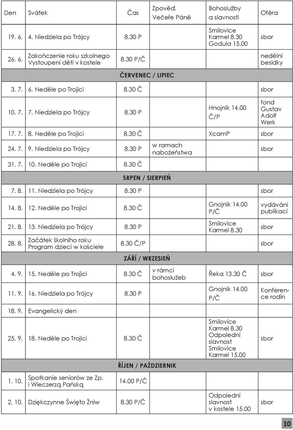 Niedziela po Trójcy 8.30 P 31. 7. 10. Neděle po Trojici 8.30 Č w ramach nabożeństwa SRPEN / SIERPIEŃ 7. 8. 11. Niedziela po Trójcy 8.30 P 14. 8. 12. Neděle po Trojici 8.30 Č Gnojnik 14.