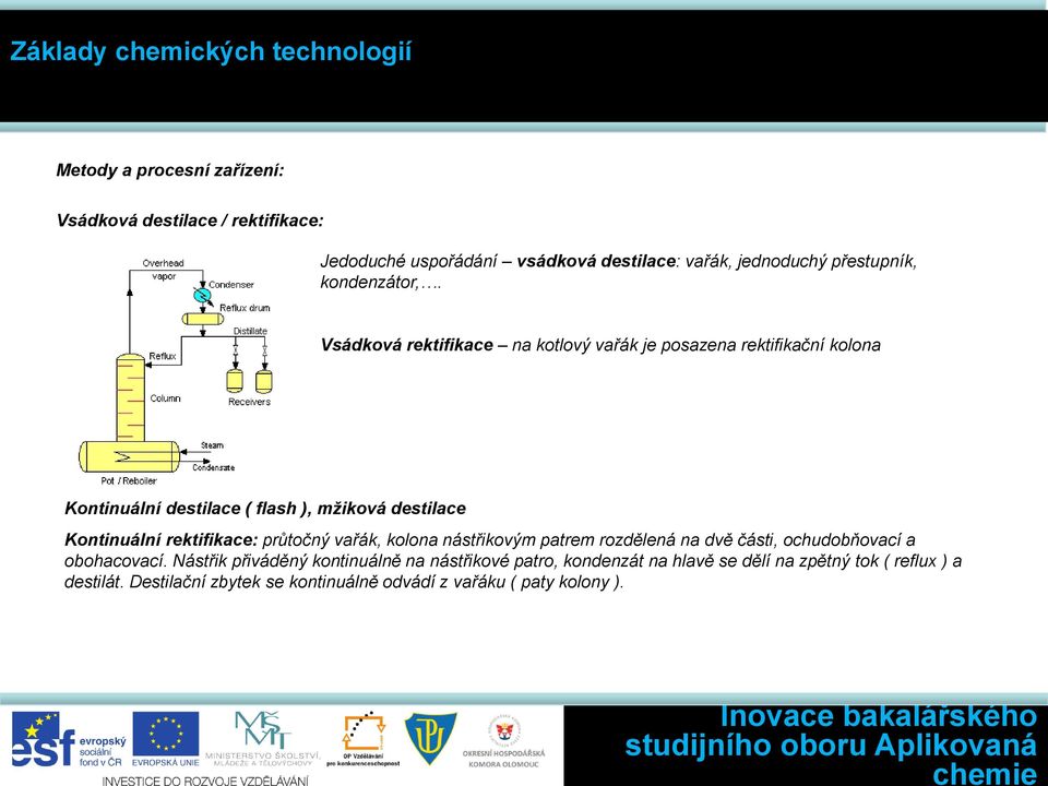 Vsádková rektifikace na kotlový vařák je posazena rektifikační kolona Kontinuální destilace ( flash ), mžiková destilace Kontinuální