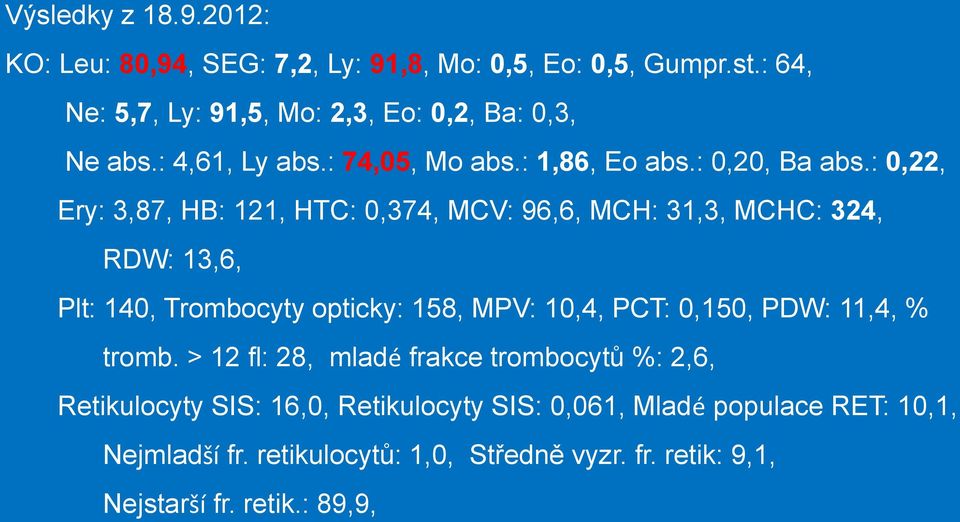 : 0,22, Ery: 3,87, HB: 121, HTC: 0,374, MCV: 96,6, MCH: 31,3, MCHC: 324, RDW: 13,6, Plt: 140, Trombocyty opticky: 158, MPV: 10,4, PCT: 0,150,