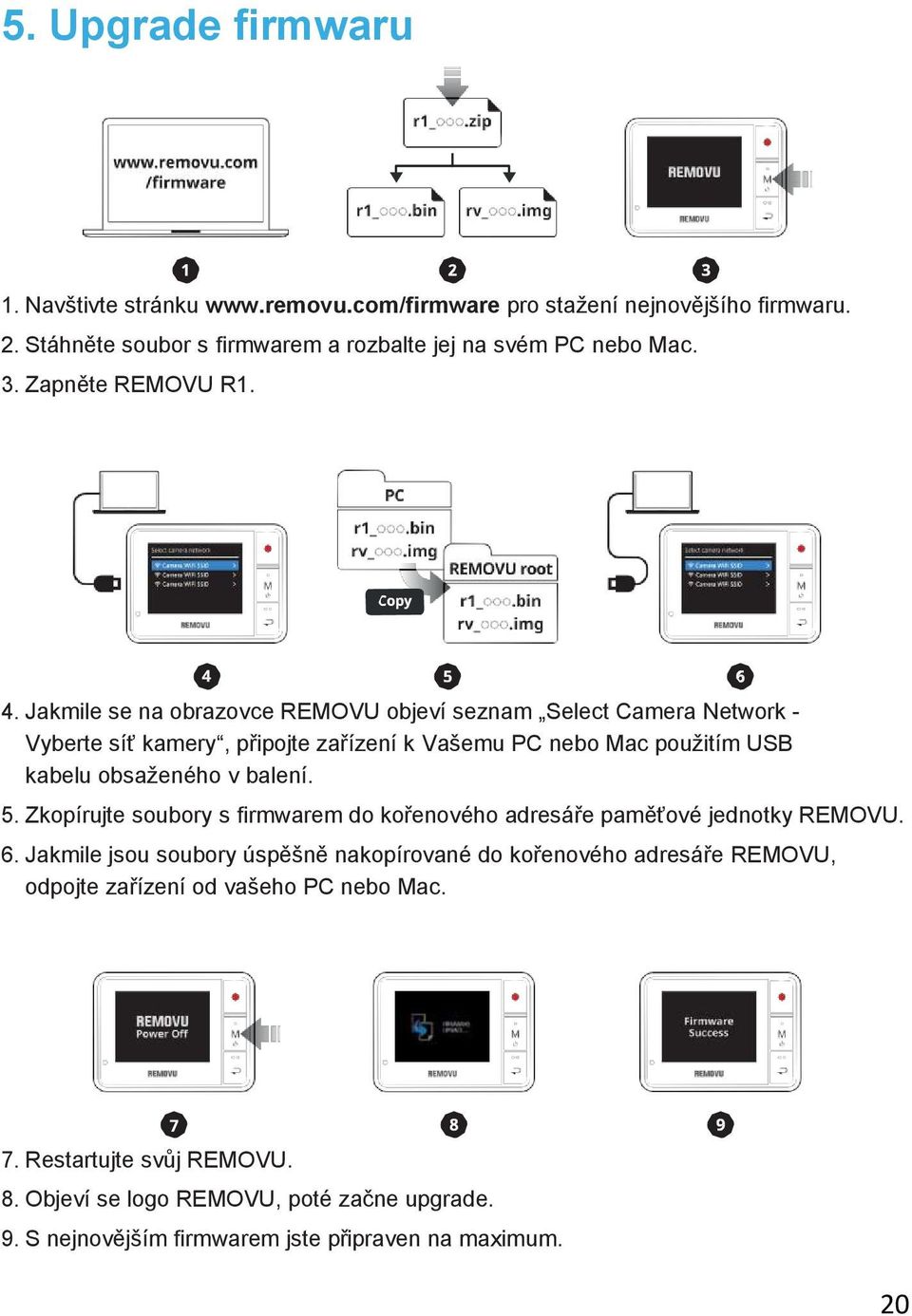 Jakmile se na obrazovce REMOVU objeví seznam Select Camera Network - Vyberte síť kamery, připojte zařízení k Vašemu PC nebo Mac použitím USB kabelu obsaženého v balení. 5.