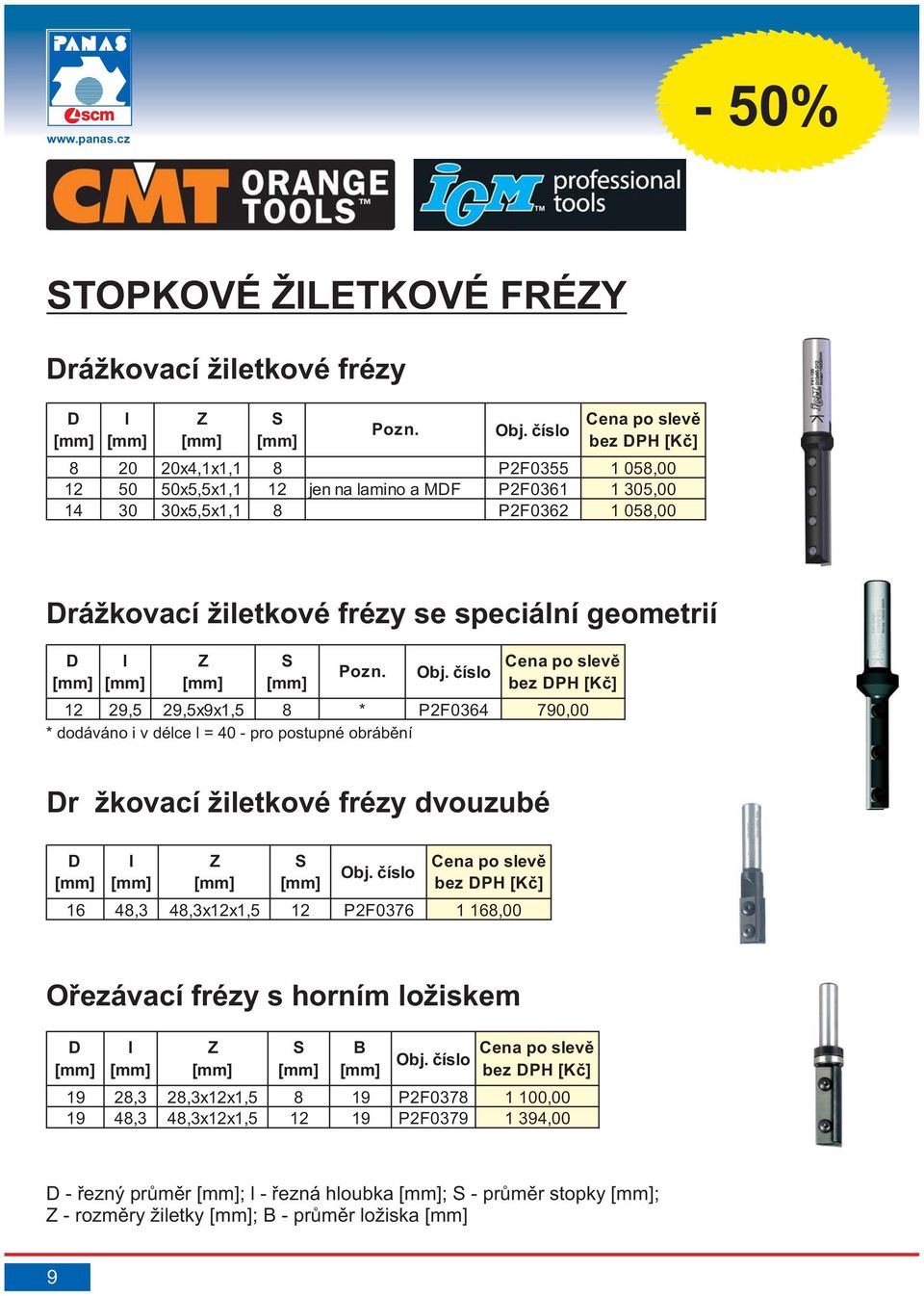 geometrií l Z S Pozn. Obj. číslo 12 29,5 29,5x9x1,5 8 * P2F0364 790,00 * dodáváno i v délce l = 40 - pro postupné obrábění r žkovací žiletkové frézy dvouzubé l Z S Obj.