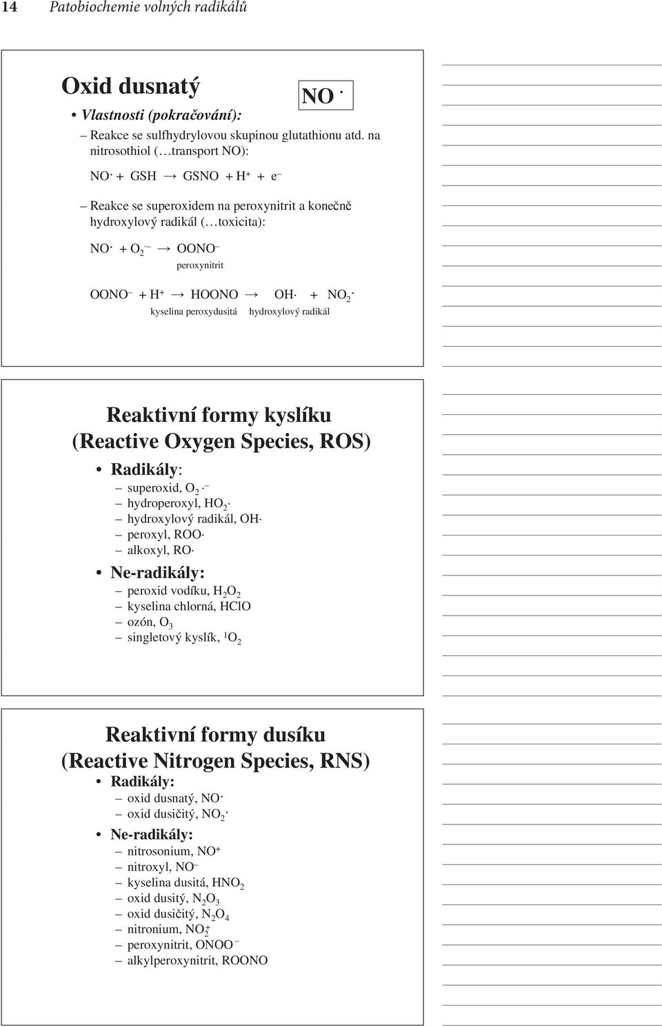 kyselina peroxydusitá hydroxylový radikál Reaktivní formy kyslíku (Reactive Oxygen Species, ROS) Radikály: superoxid, O 2 hydroperoxyl, HO 2 hydroxylový radikál, OH peroxyl, ROO alkoxyl, RO