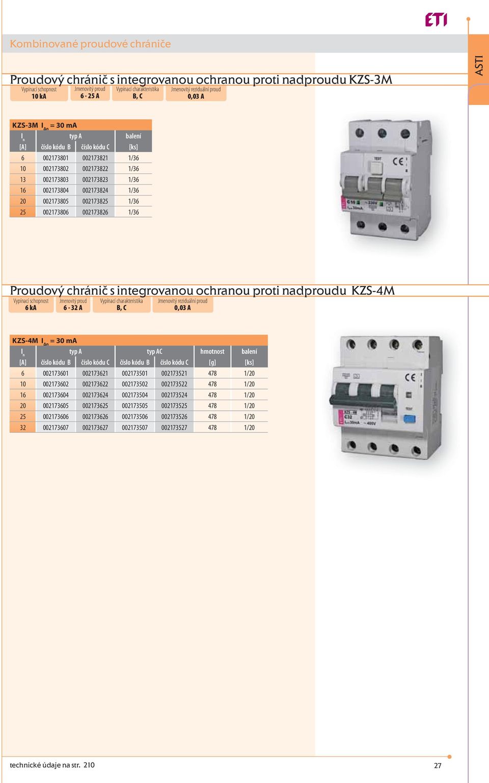 002173826 1/36 Proudový chránič s integrovanou ochranou proti nadproudu KZS-4M Vypínací schopnost 6 ka 6-32 A Vypínací charakteristika B, C Jmenovitý reziduální proud 0,03 A KZS-4M I Δn = 30 ma typ A