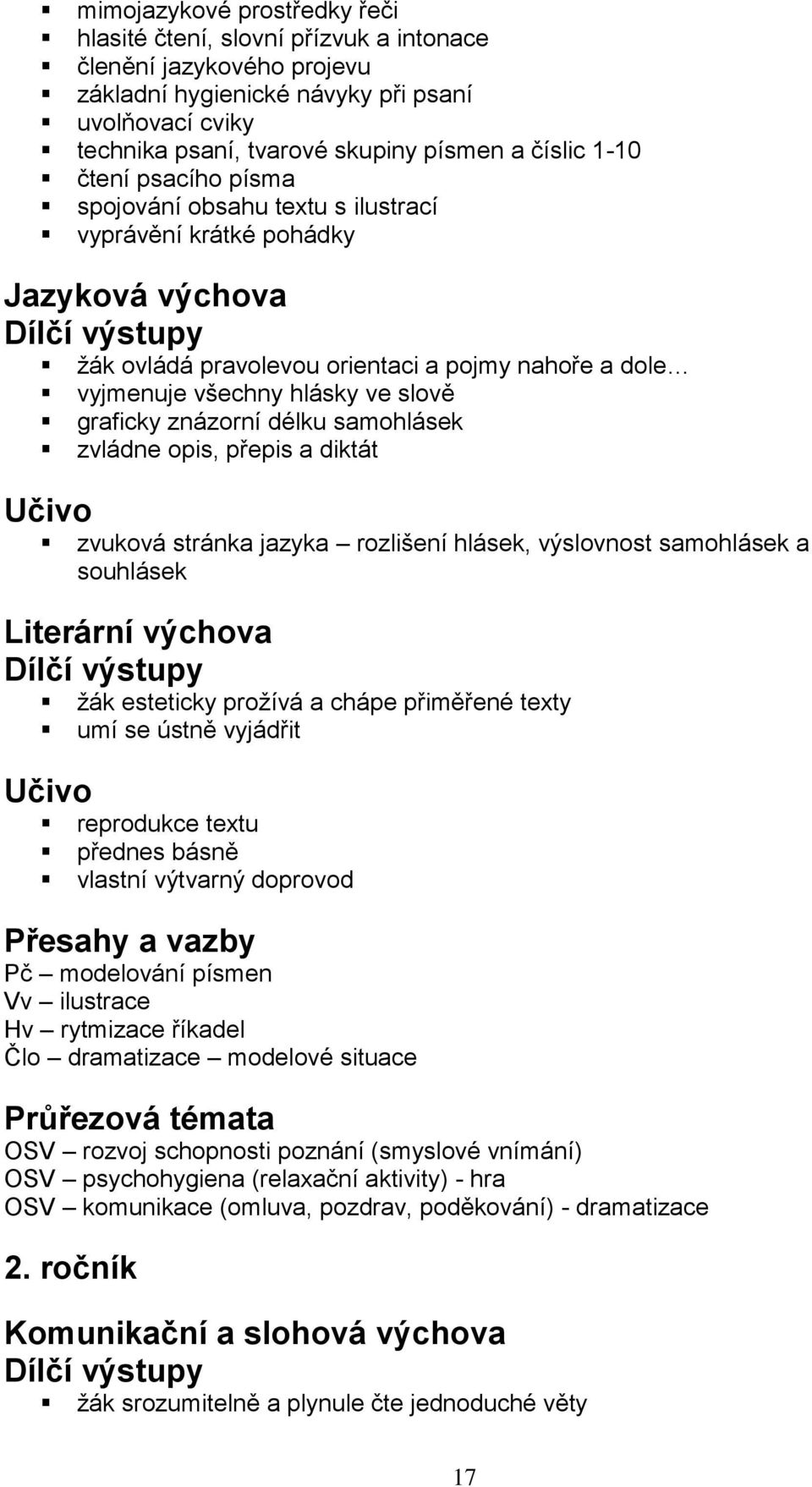 znázorní délku samohlásek zvládne opis, přepis a diktát zvuková stránka jazyka rozlišení hlásek, výslovnost samohlásek a souhlásek Literární výchova žák esteticky prožívá a chápe přiměřené texty umí