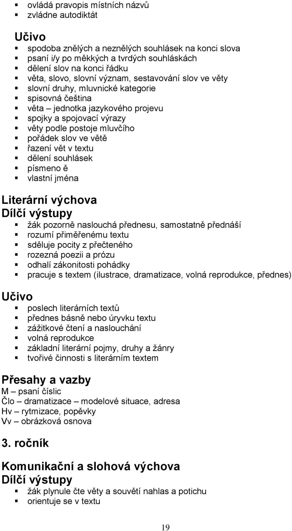 vět v textu dělení souhlásek písmeno ě vlastní jména Literární výchova žák pozorně naslouchá přednesu, samostatně přednáší rozumí přiměřenému textu sděluje pocity z přečteného rozezná poezii a prózu