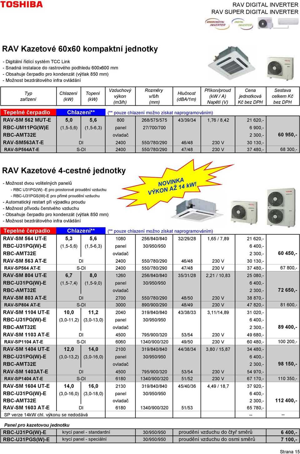 268/575/575 43/39/34 1,76 / 8,42 21 620,- RBC-UM11PG(W)E (1,5-5,6) (1,5-6,3) panel 27/700/700 6 900,- RBC-AMT32E ovladač 2 300,- 60 950,- RAV-SM563AT-E DI 2400 550/780/290 46/48 230 V 30 130,-