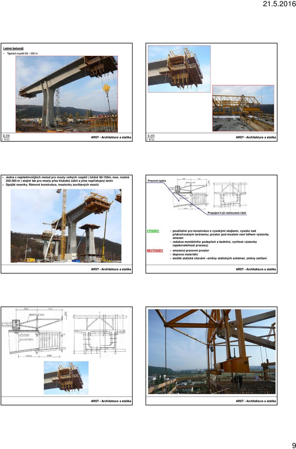 Rámové konstrukce, mostovky zavěšených mostů Pracovní spára Propojení k již realizované části VÝHODY - použitelné pro konstrukce s vysokými stojkami, vysoko nad