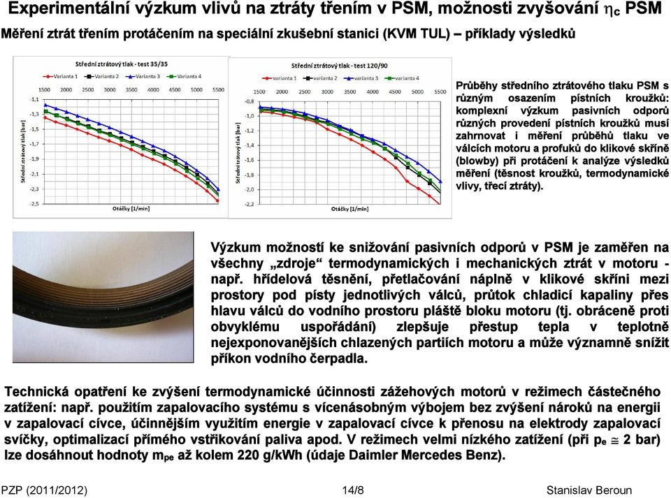 (blowby) při protáčení k analýze výsledků měření (těsnost kroužků, termodynamické vlivy, třecí ztráty).