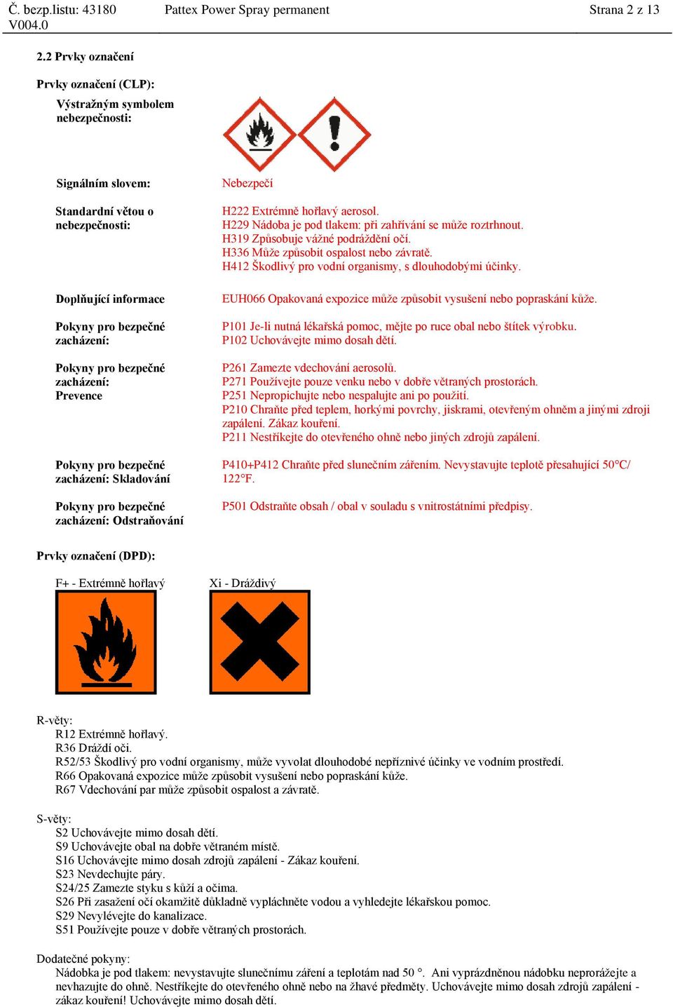 zacházení: Prevence Pokyny pro bezpečné zacházení: Skladování Pokyny pro bezpečné zacházení: Odstraňování Nebezpečí H222 Extrémně hořlavý aerosol.