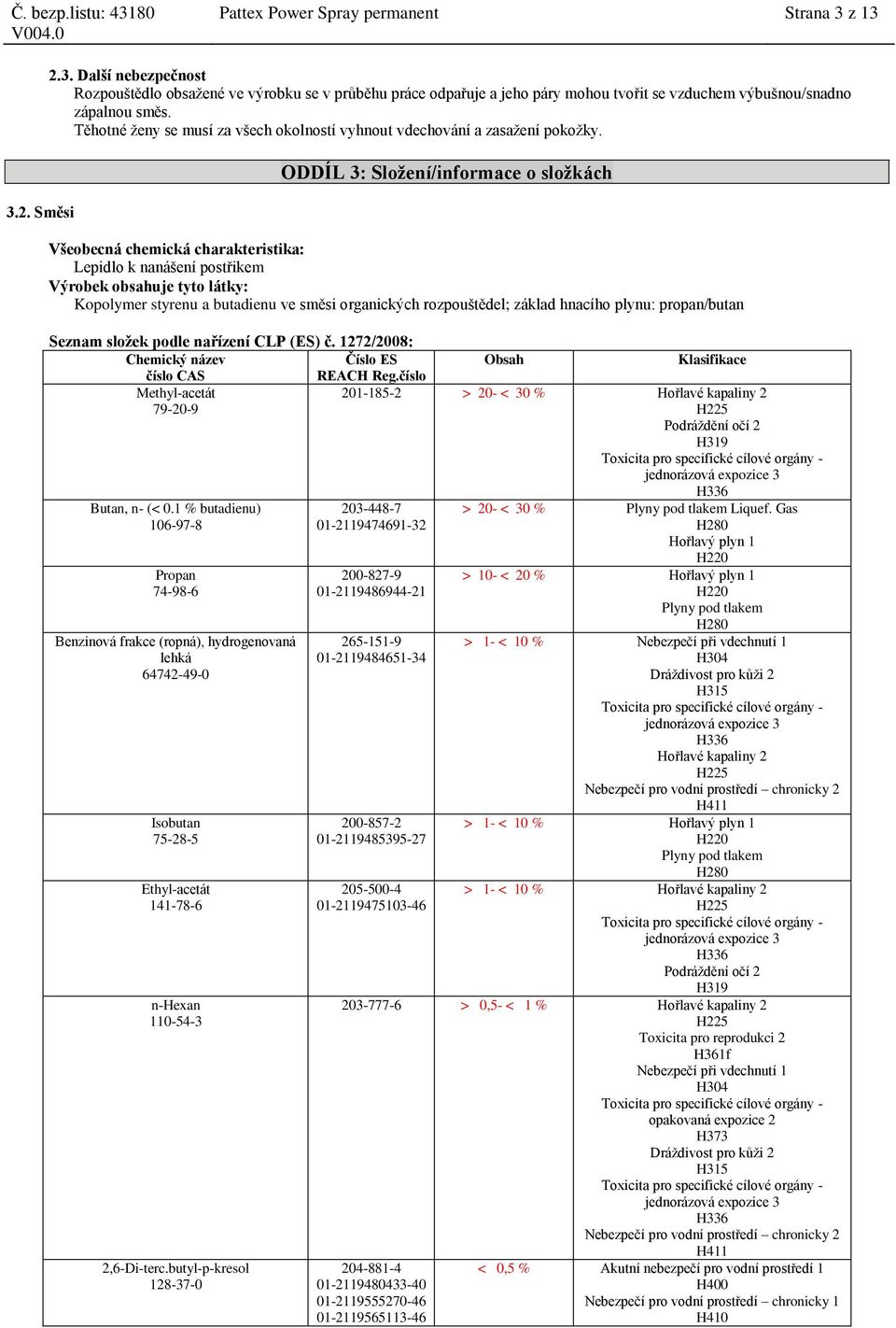 ODDÍL 3: Složení/informace o složkách Vše chemická charakteristika: Lepidlo k nanášení postřikem Výrobek obsahuje tyto látky: Kopolymer styrenu a butadienu ve směsi organických rozpouštědel; základ