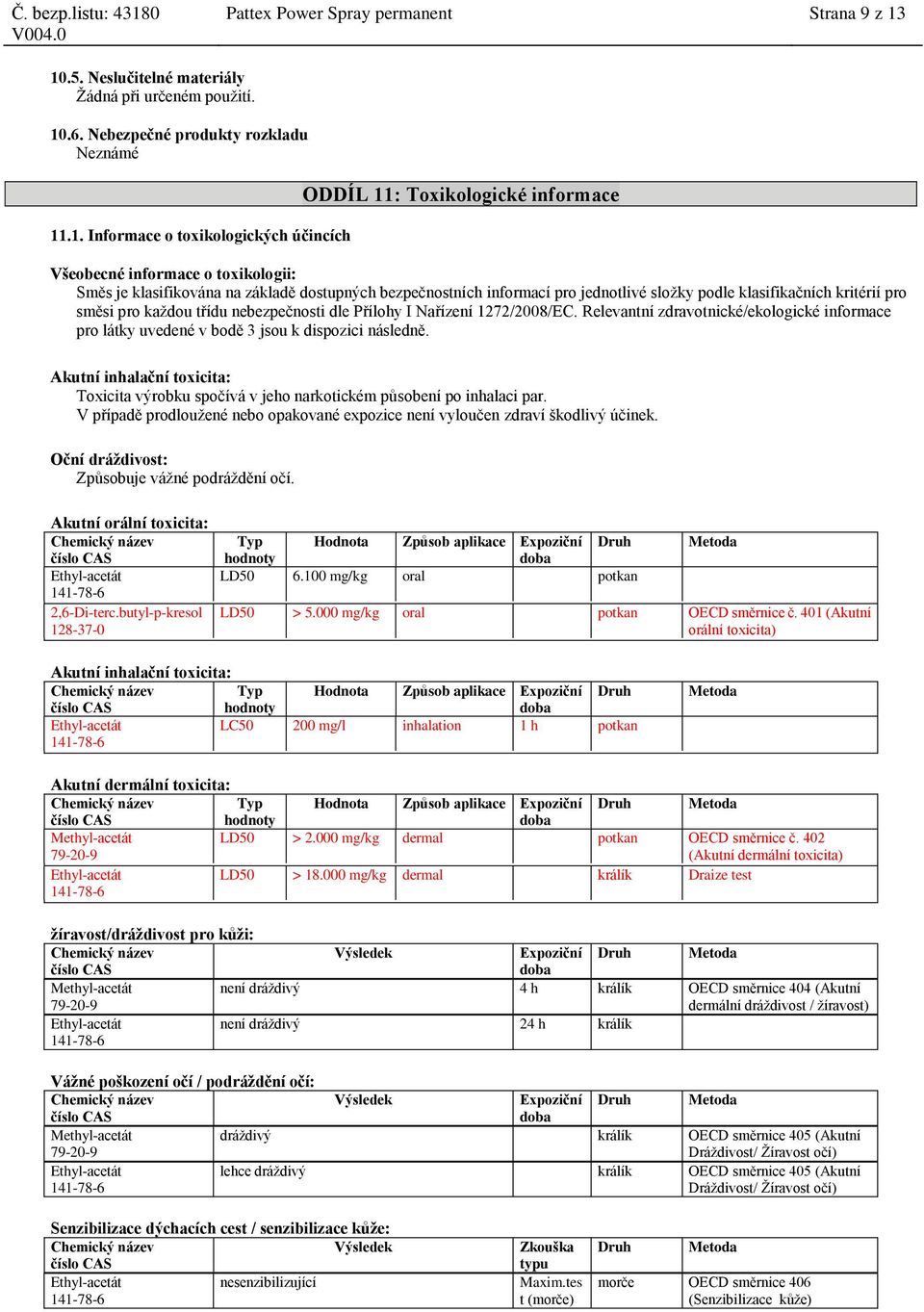 toxikologii: Směs je klasifikována na základě dostupných bezpečnostních informací pro jednotlivé složky podle klasifikačních kritérií pro směsi pro každou třídu nebezpečnosti dle Přílohy I Nařízení