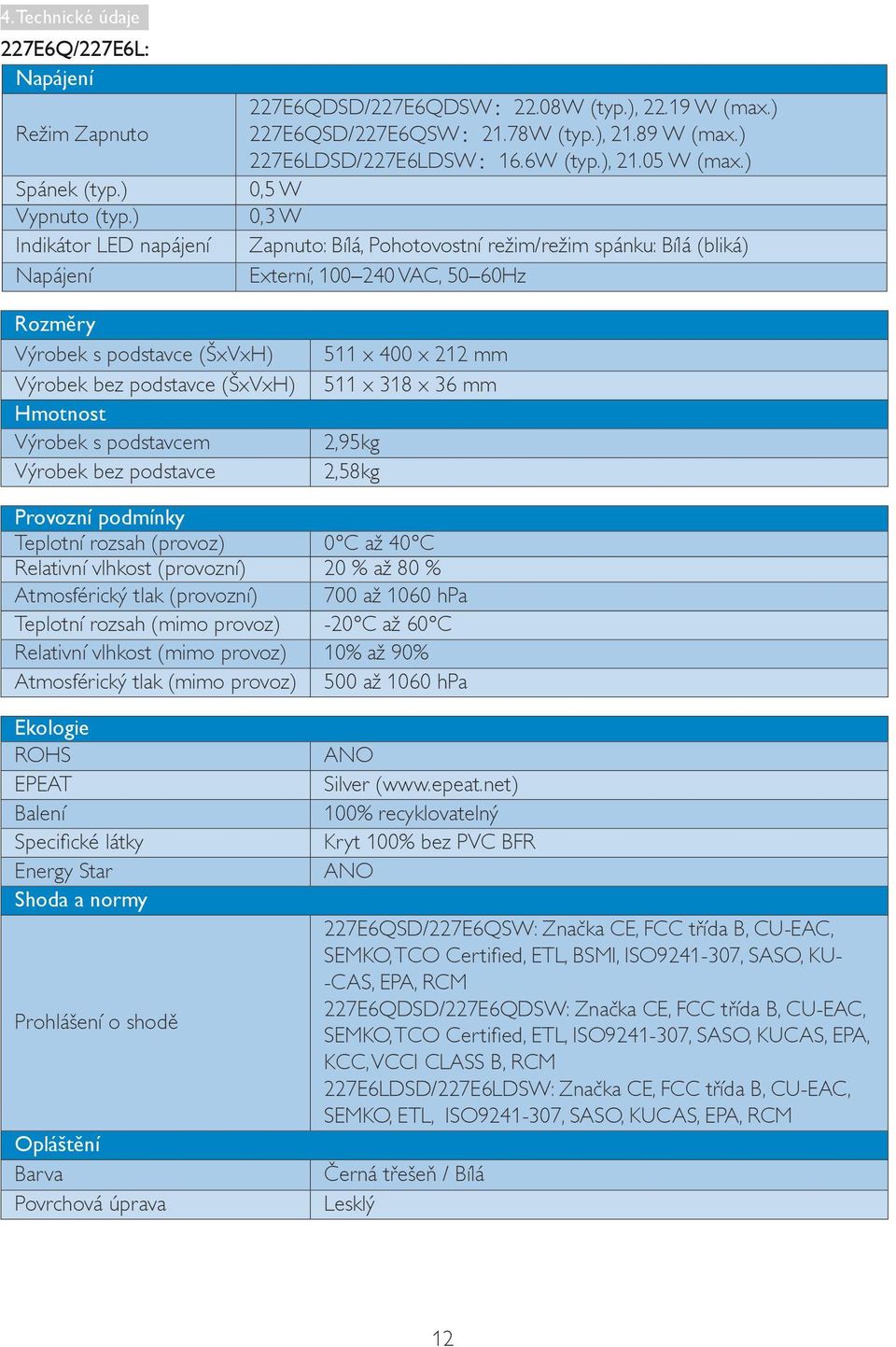 ) 0,5 W 0,3 W Zapnuto: Bílá, Pohotovostní režim/režim spánku: Bílá (bliká) Externí, 100 240 VAC, 50 60Hz Rozměry Výrobek s podstavce (ŠxVxH) Výrobek bez podstavce (ŠxVxH) Hmotnost Výrobek s