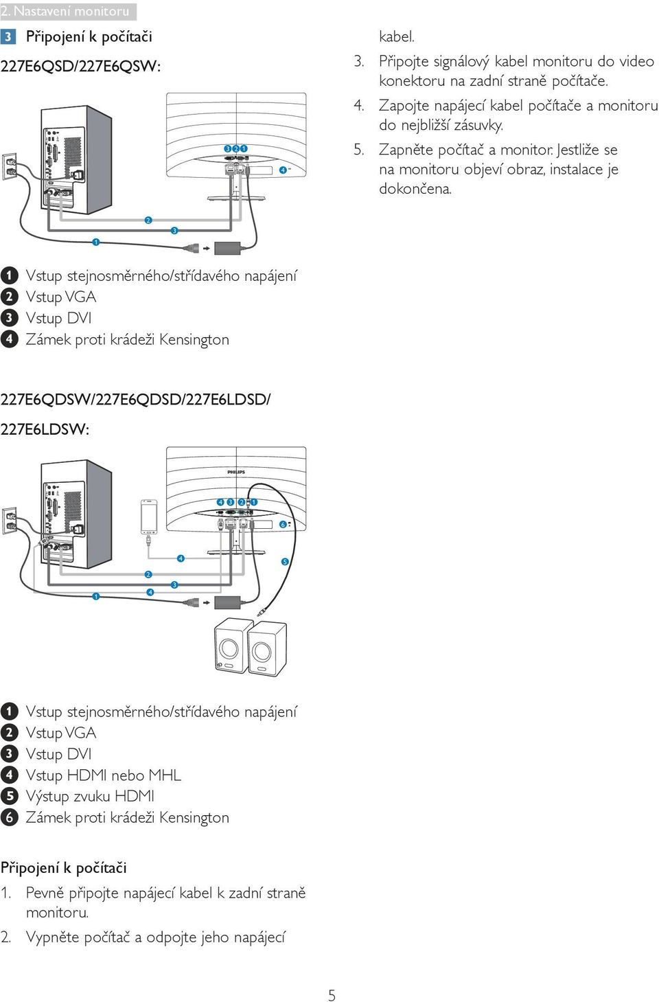 1 2 3 Vstup stejnosměrného/střídavého napájení Vstup VGA Vstup DVI Zámek proti krádeži Kensington 227E6QDSW/227E6QDSD/227E6LDSD/ 227E6LDSW: 4 3 2 1 6 4 5 1 2 4 3 Vstup