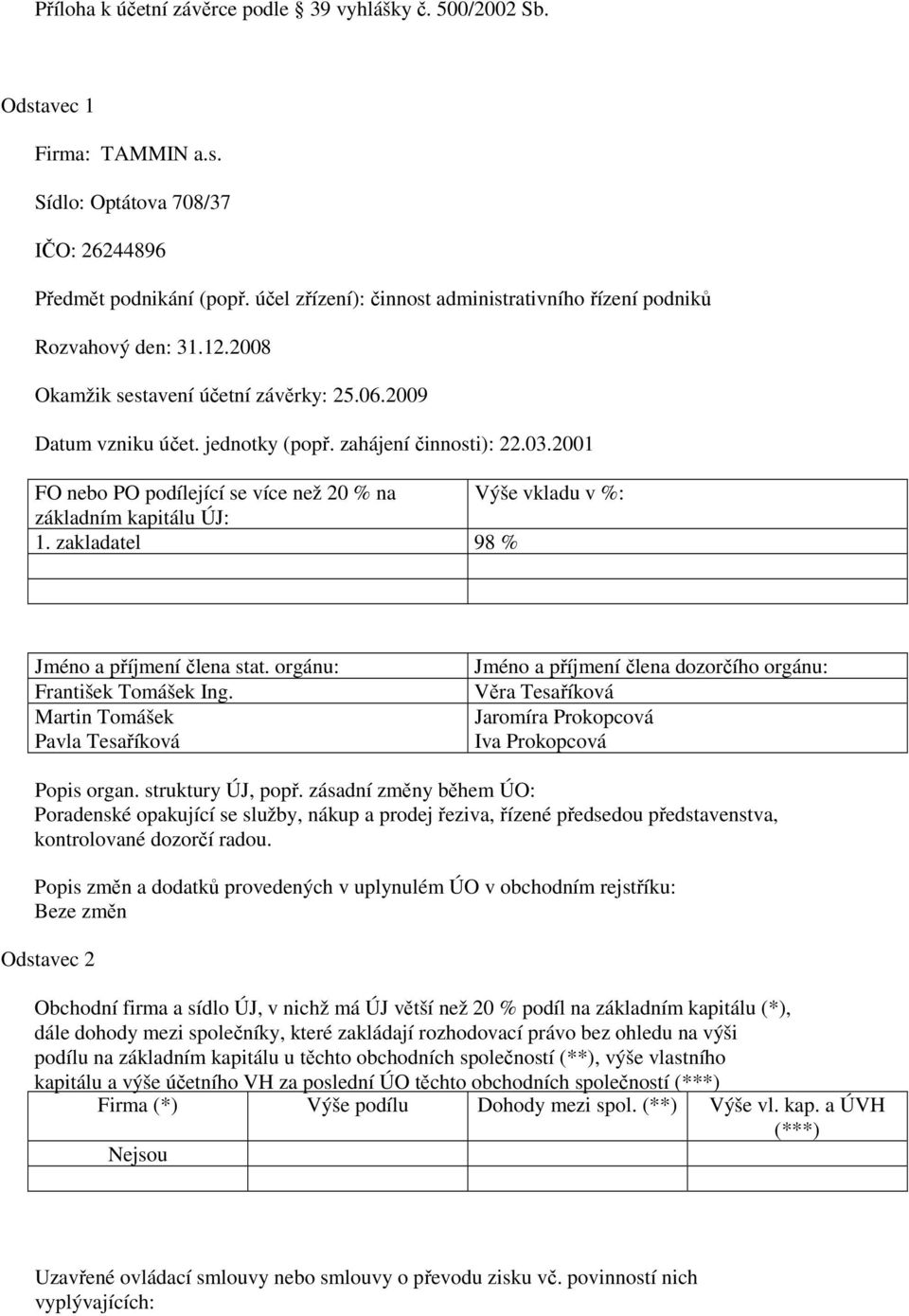 2001 FO nebo PO podílející se více než 20 % na Výše vkladu v %: základním kapitálu ÚJ: 1. zakladatel 98 % Jméno a příjmení člena stat. orgánu: František Tomášek Ing.