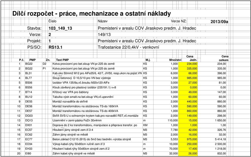 oko 50mm2 M12 pro AlFe35/6, 42/7, JIV50, resp.ukon.na pojist.vn 6,000 66,000 396,00 4 BL77 stož.ts Sloup betonový D 10,5/10 pro VN bez výstroje 1,000 985,000 985,00 5 BS06 Izolátor VPA 135/8a,vč.