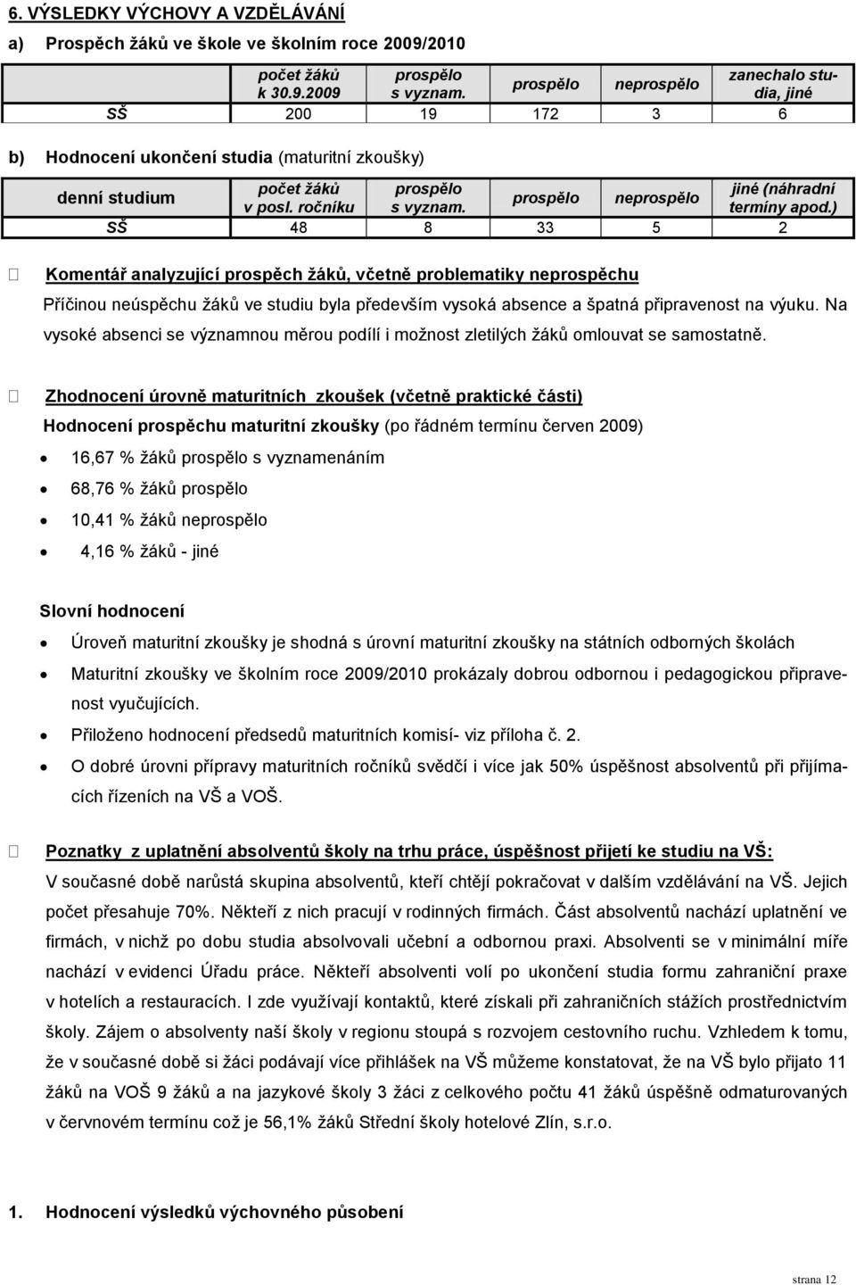 ) SŠ 48 8 33 5 2 Komentář analyzující prospěch ţáků, včetně problematiky neprospěchu Příčinou neúspěchu ţáků ve studiu byla především vysoká absence a špatná připravenost na výuku.