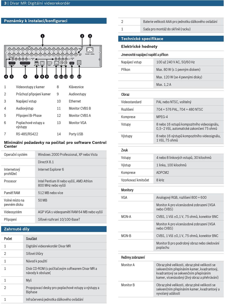 120 W (se 4 pevnými disky) 1 Videovstpy z kamer 8 Klávesnice 2 Průchozí připojení kamer 9 Adiovstpy 3 Napájecí vstp 10 Ethernet 4 Adiovýstp 11 Monitor CVBS B 5 Připojení Bi-Phase 12 Monitor CVBS A 6