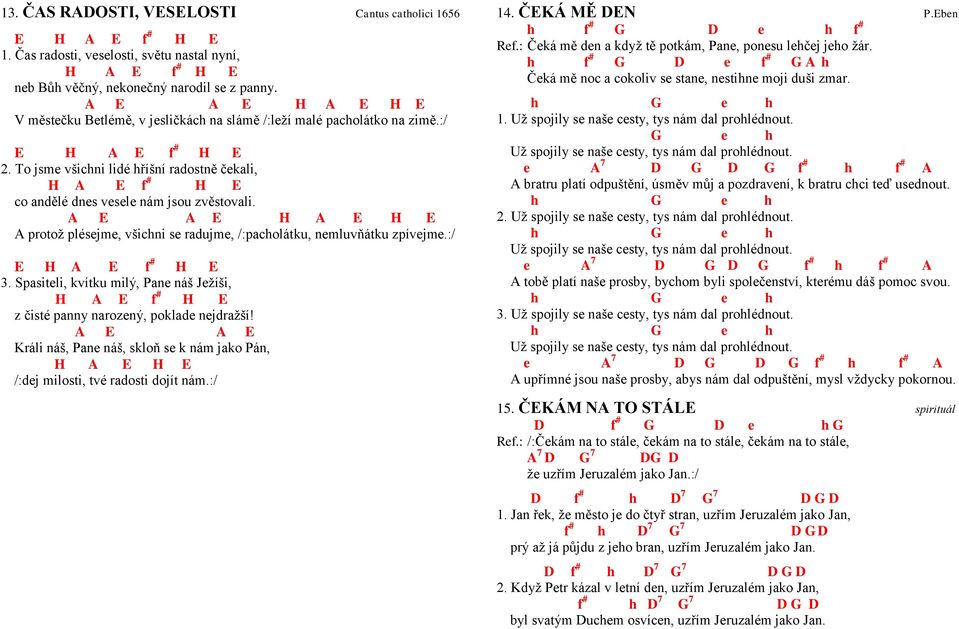 To jsme všichni lidé hříšní radostně čekali, H A E f # H E co andělé dnes vesele nám jsou zvěstovali. A E A E H A E H E A protož plésejme, všichni se radujme, /:pacholátku, nemluvňátku zpívejme.