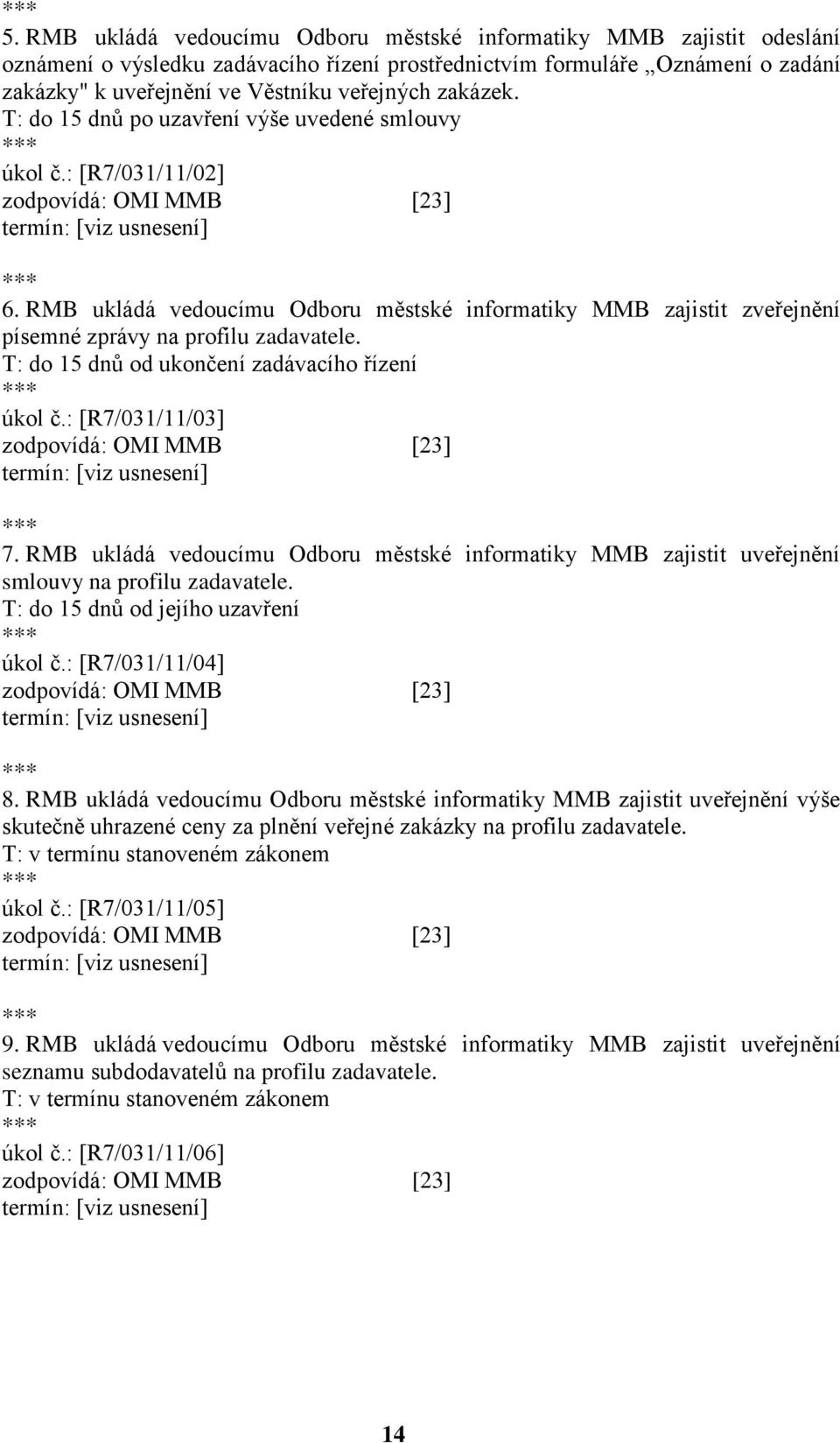 RMB ukládá vedoucímu Odboru městské informatiky MMB zajistit zveřejnění písemné zprávy na profilu zadavatele. T: do 15 dnů od ukončení zadávacího řízení úkol č.