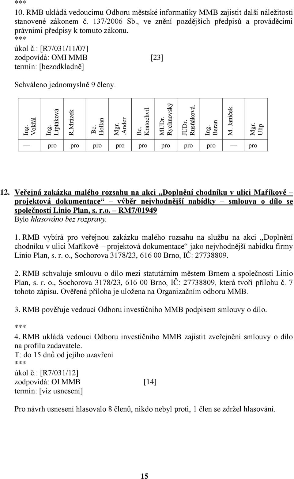 Veřejná zakázka malého rozsahu na akci Doplnění chodníku v ulici Maříkově projektová dokumentace výběr nejvhodnější nabídky smlouva o dílo se společností Linio Plan, s. r.o. RM7/01949 1.