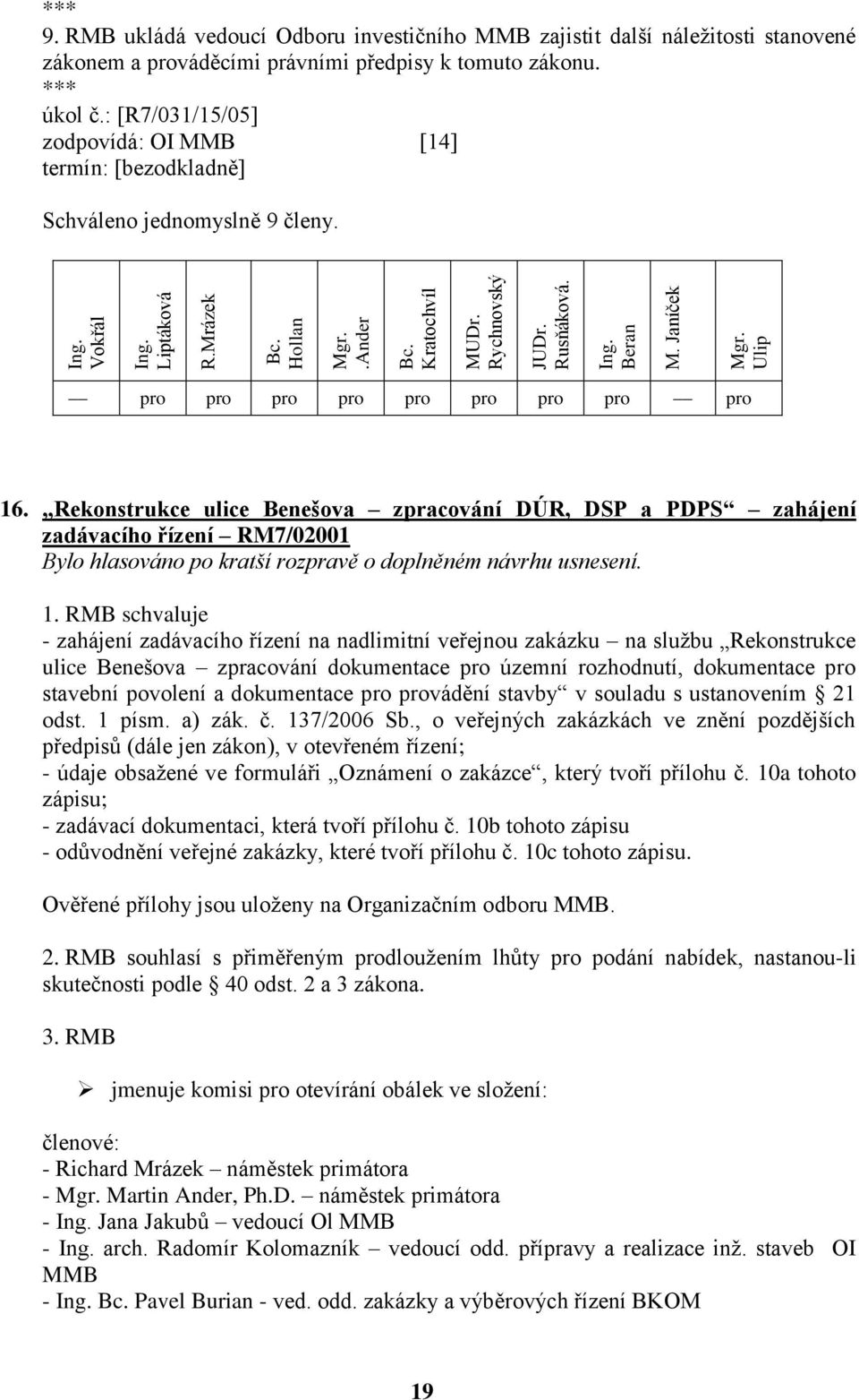 Rekonstrukce ulice Benešova zpracování DÚR, DSP a PDPS zahájení zadávacího řízení RM7/02001 Bylo hlasováno po kratší rozpravě o doplněném návrhu usnesení. 1.