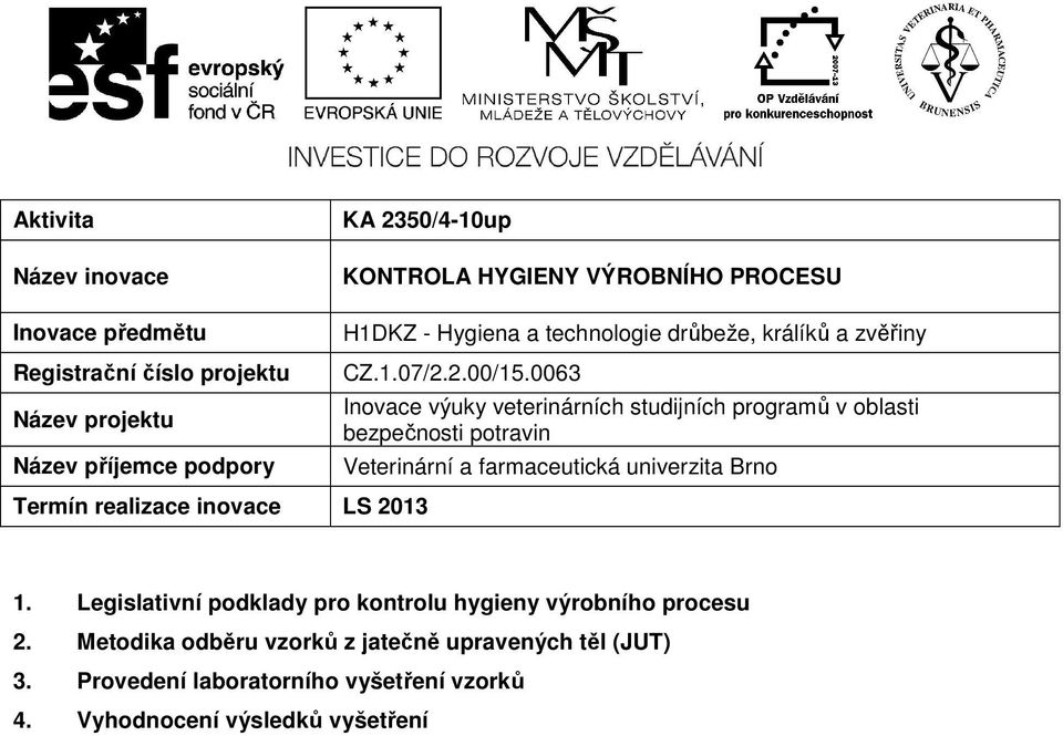 0063 Inovace výuky veterinárních studijních programů v oblasti bezpečnosti potravin Veterinární a farmaceutická univerzita Brno Termín realizace