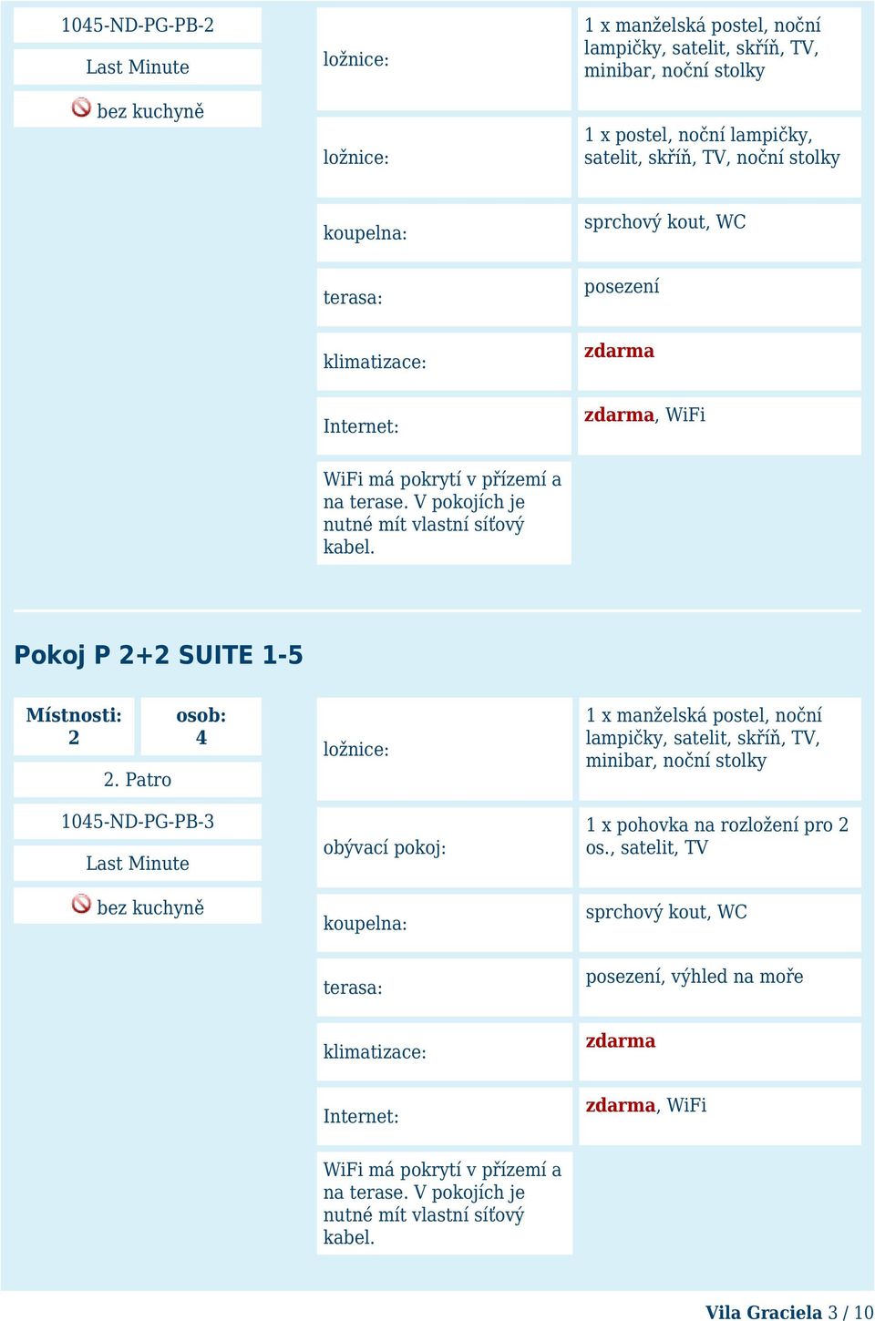 V pokojích je Pokoj P 2+2 SUITE 1-5 2 4 1 x manželská postel, noční lampičky, satelit, skříň, TV, minibar, noční stolky obývací