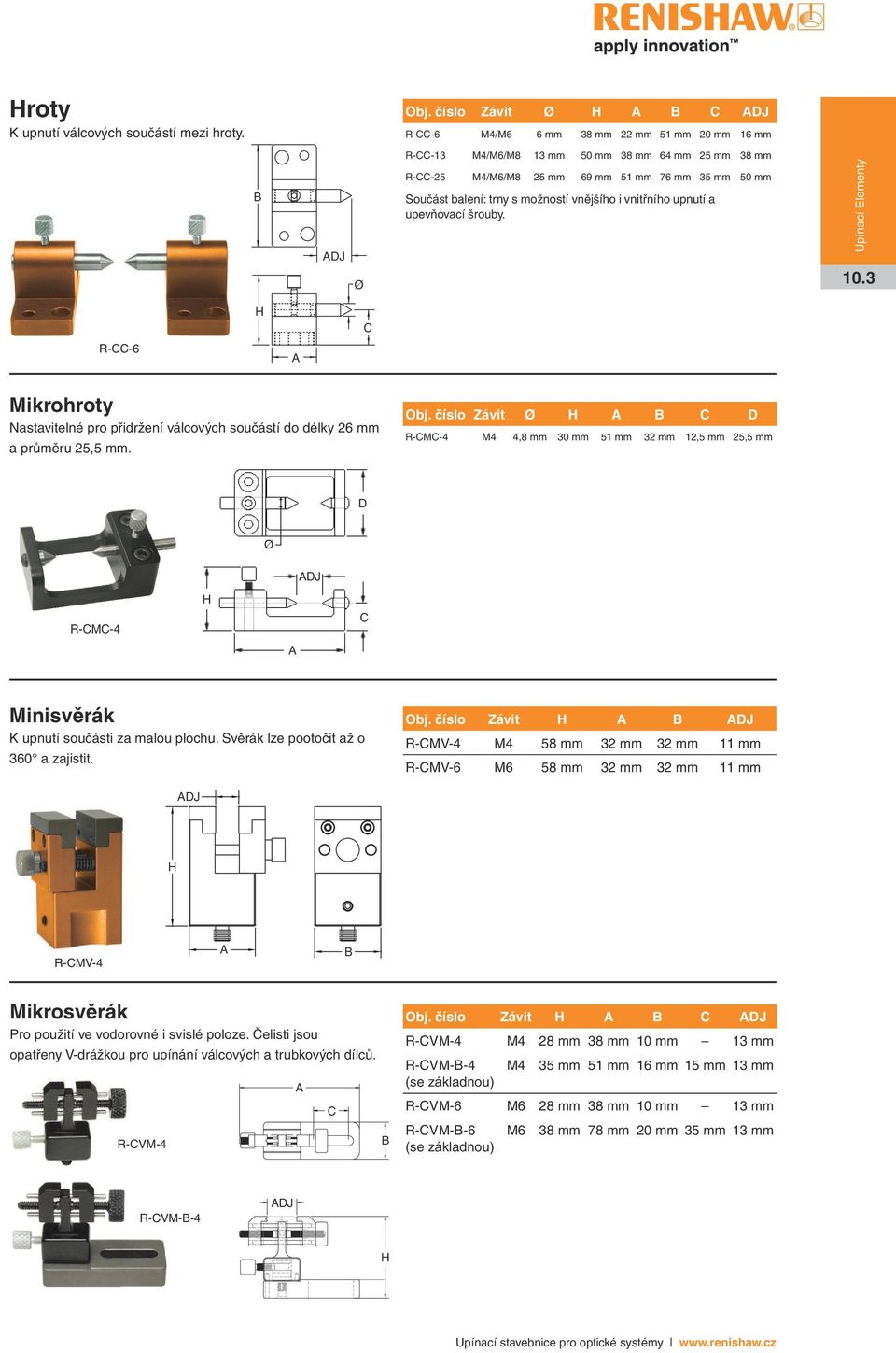 trny s možností vnějšího i vnitřního upnutí a upevňovací šrouby. Upínací Elementy 10.3 H C R-CC-6 Mikrohroty Nastavitelné pro přidržení válcových součástí do délky 26 mm a průměru 25,5 mm. Obj.