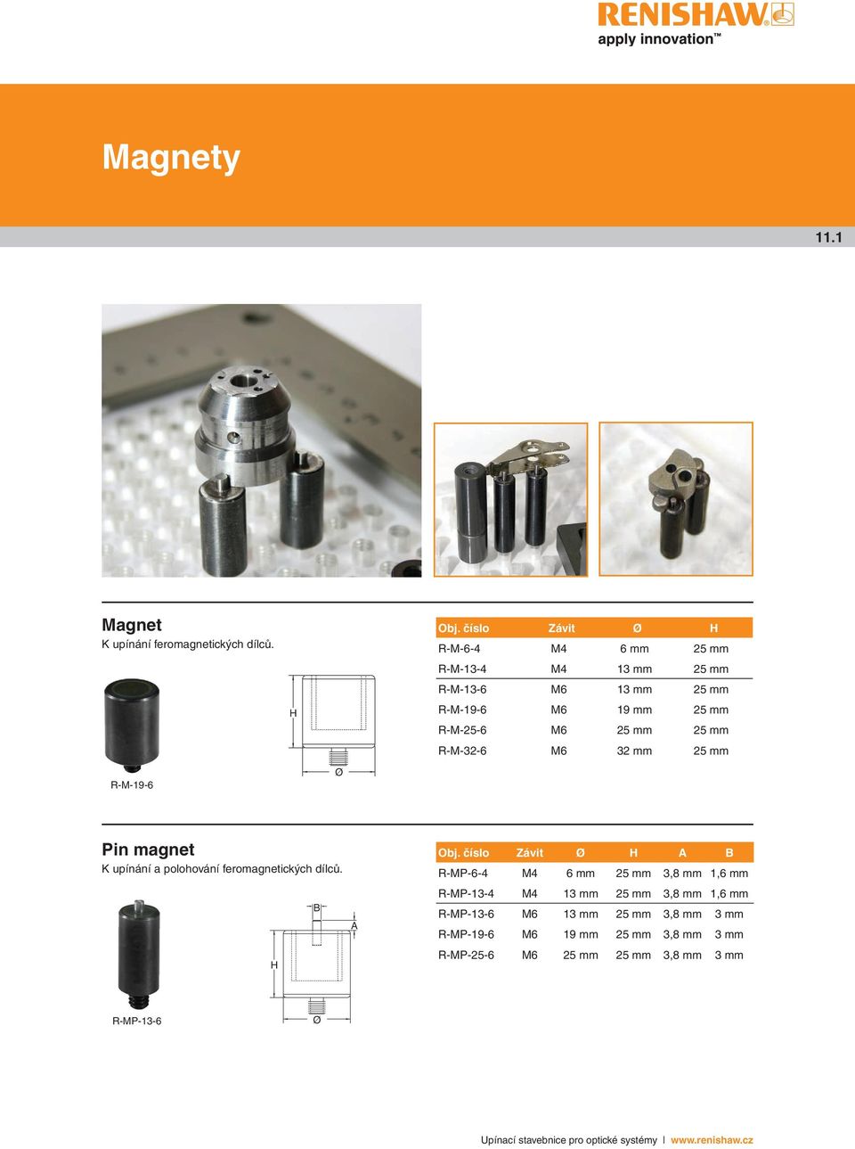 25 mm R-M-32-6 M6 32 mm 25 mm R-M-19-6 Ø Pin magnet K upínání a polohování feromagnetických dílců. HT H B Obj.