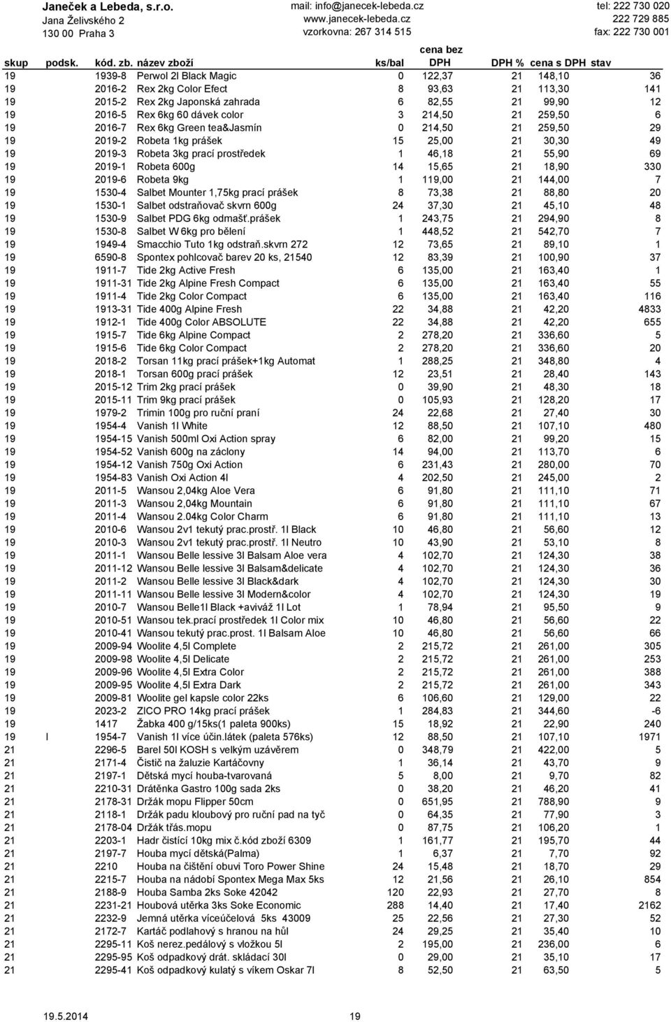 600g 14 15,65 21 18,90 330 19 2019-6 Robeta 9kg 1 119,00 21 144,00 7 19 1530-4 Salbet Mounter 1,75kg prací prášek 8 73,38 21 88,80 20 19 1530-1 Salbet odstraňovač skvrn 600g 24 37,30 21 45,10 48 19