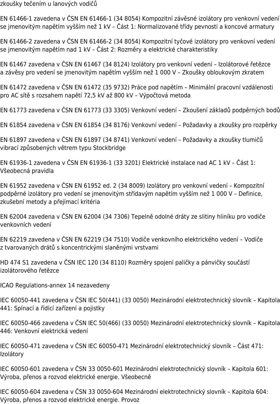 EN 61467 zavedena v ČSN EN 61467 (34 8124) Izolátory pro venkovní vedení Izolátorové řetězce a závěsy pro vedení se jmenovitým napětím vyšším než 1 000 V Zkoušky obloukovým zkratem EN 61472 zavedena