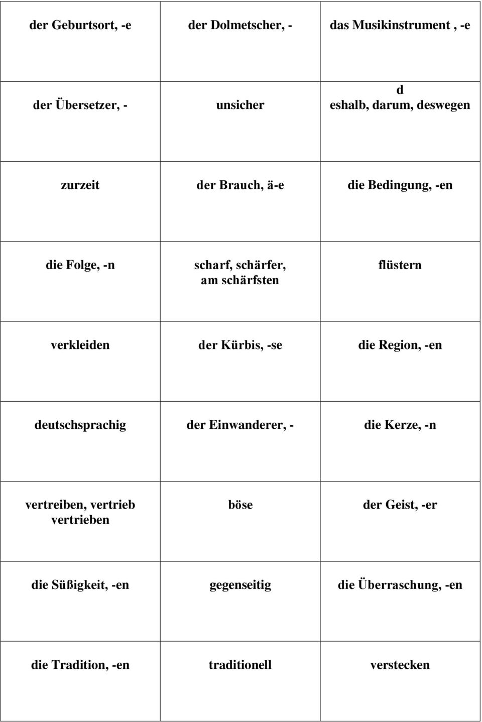 verkleiden der Kürbis, -se die Region, -en deutschsprachig der Einwanderer, - die Kerze, -n vertreiben, vertrieb