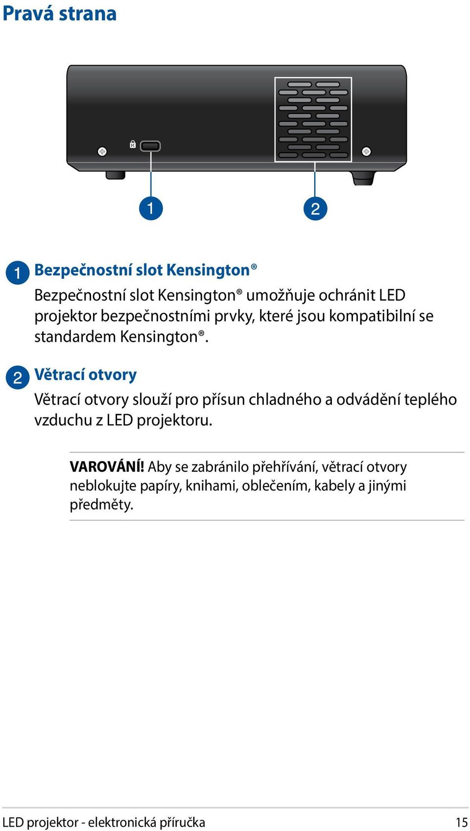 Větrací otvory 120 o Větrací otvory slouží pro přísun chladného a odvádění teplého vzduchu z LED projektoru.