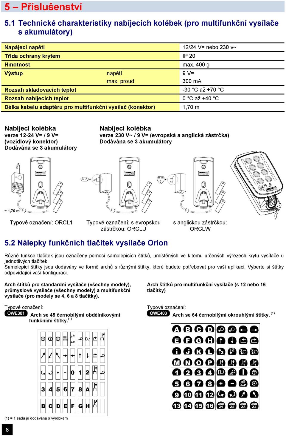 proud 300 ma Rozsah skladovacích teplot Rozsah nabíjecích teplot Délka kabelu adaptéru pro multifunkční vysílač (konektor) -30 C až +70 C 0 C až +40 C 1,70 m Nabíjecí kolébka verze 12-24 V= / 9 V=