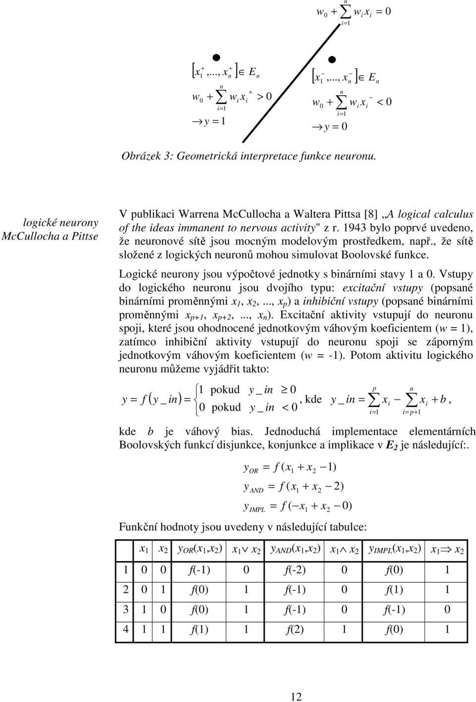 z logckých neuronů mohou smulovat Boolovské funkce Logcké neurony sou výpočtové ednotky s bnárním stavy a 0 Vstupy do logckého neuronu sou dvoího typu: exctační vstupy (popsané bnárním proměnným x,