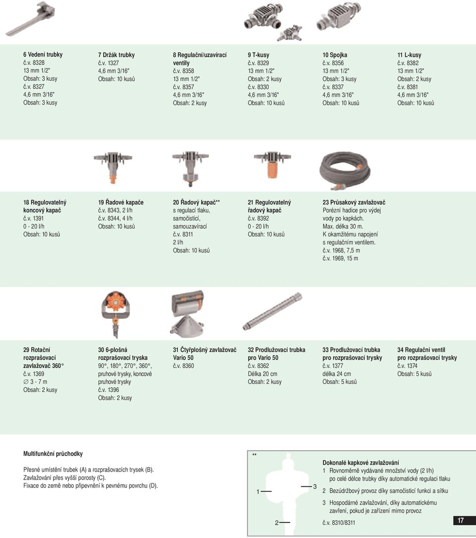 v. 1391 0-20 l/h 19 Řadové kapače č.v. 8343, 2 l/h č.v. 8344, 4 l/h 20 Řadový kapač** s regulací tlaku, samočisticí, samouzavírací č.v. 8311 2 l/h 21 Regulovatelný řadový kapač č.v. 8392 0-20 l/h 23 Průsakový zavlažovač Porézní hadice pro výdej vody po kapkách.