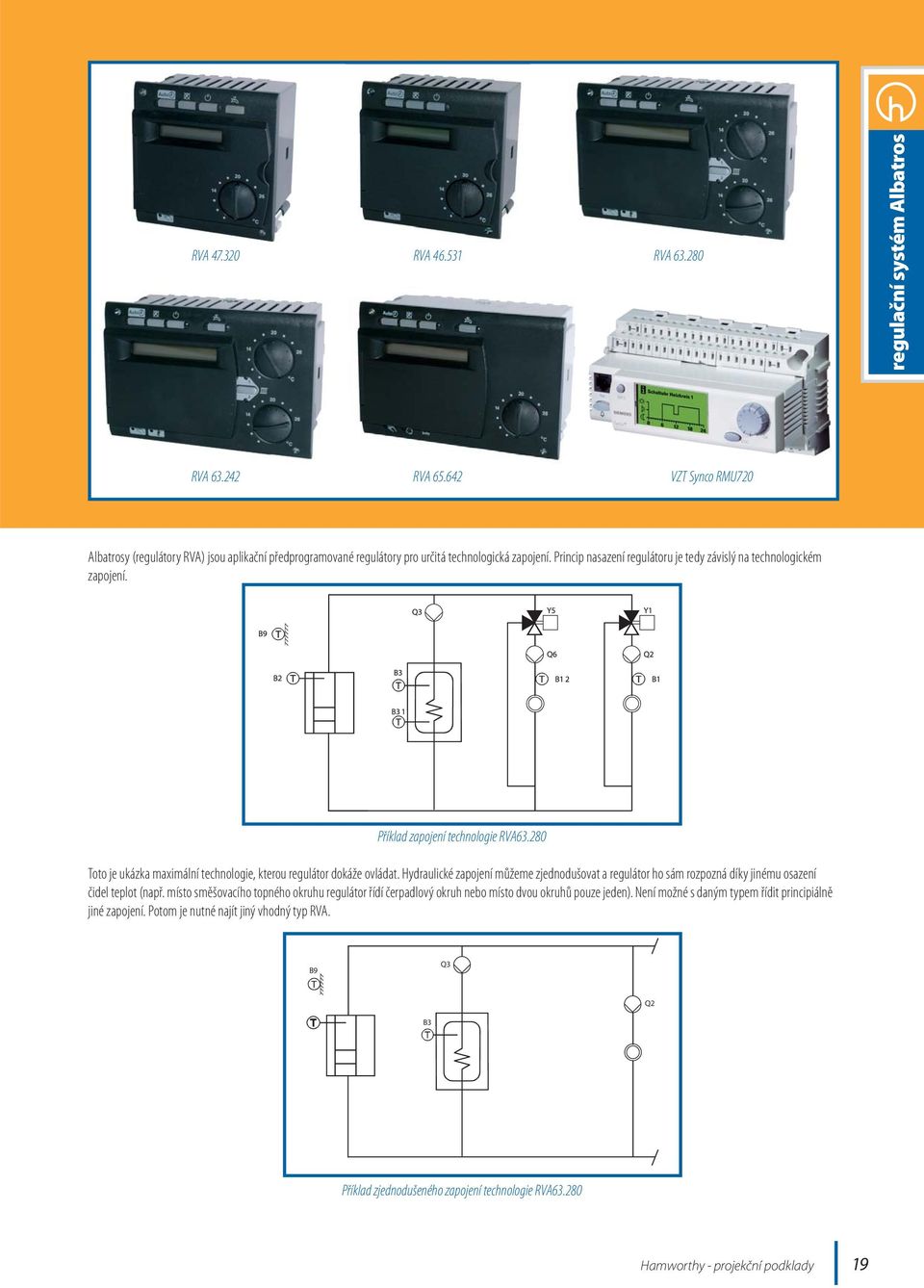 Příklad zapojení technologie RVA63.280 Toto je ukázka maximální technologie, kterou regulátor dokáže ovládat.