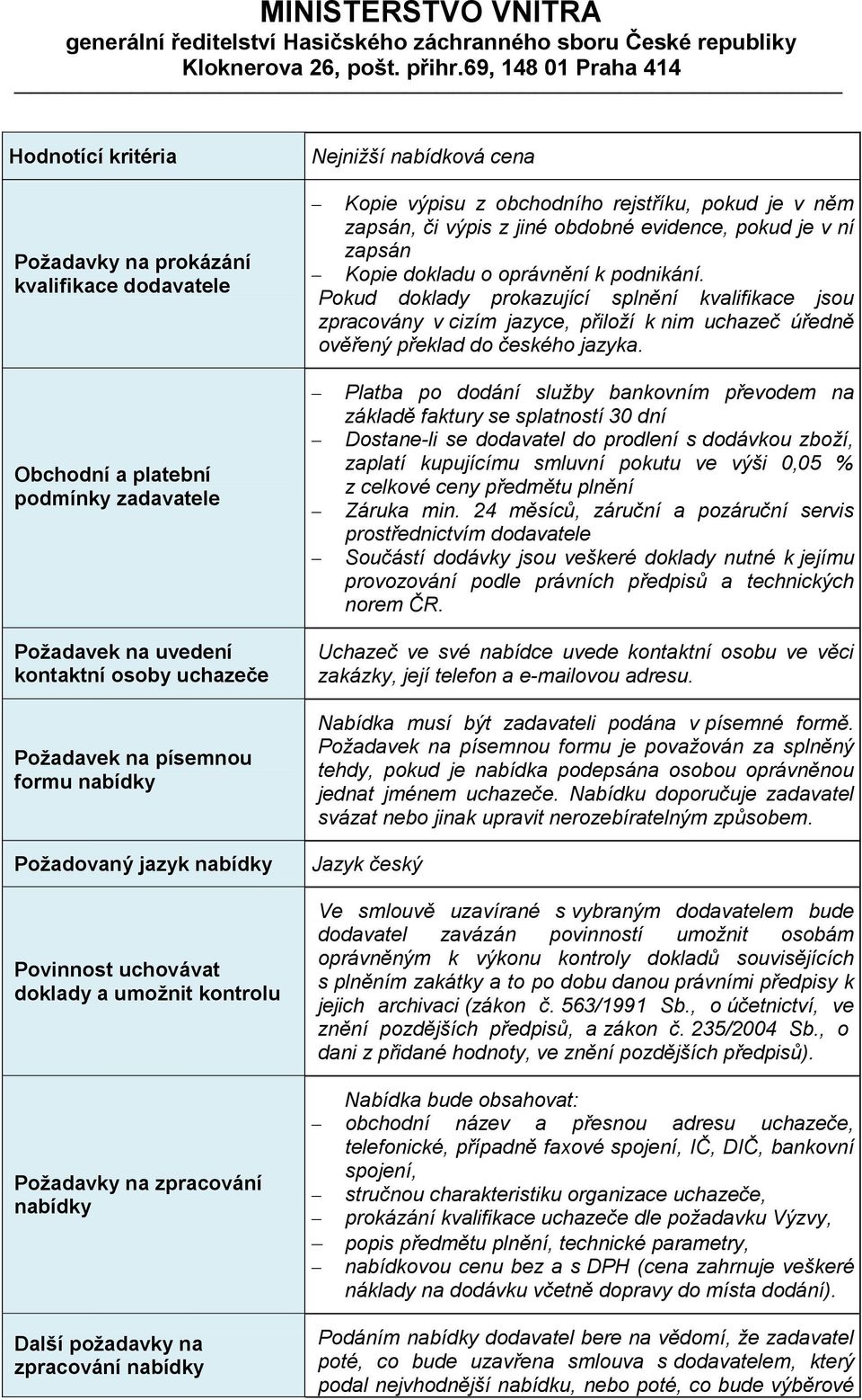 nabídky Požadovaný jazyk nabídky Povinnost uchovávat doklady a umožnit kontrolu Požadavky na zpracování nabídky Další požadavky na zpracování nabídky Nejnižší nabídková cena Kopie výpisu z obchodního