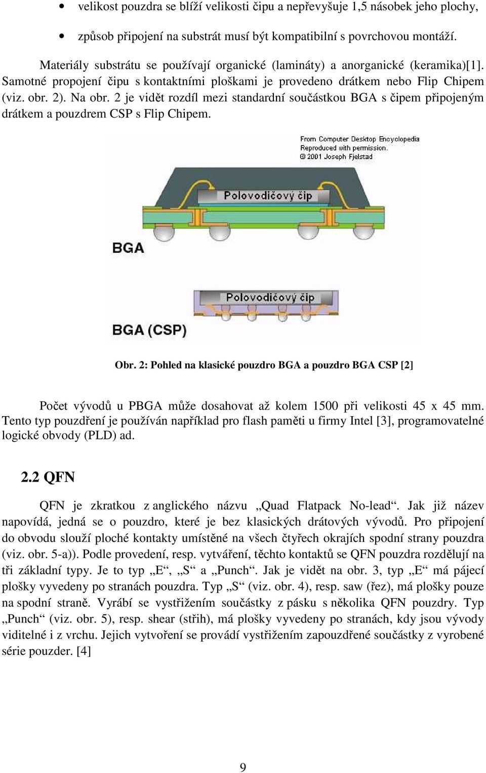 2 je vidět rozdíl mezi standardní součástkou BGA s čipem připojeným drátkem a pouzdrem CSP s Flip Chipem. Obr.