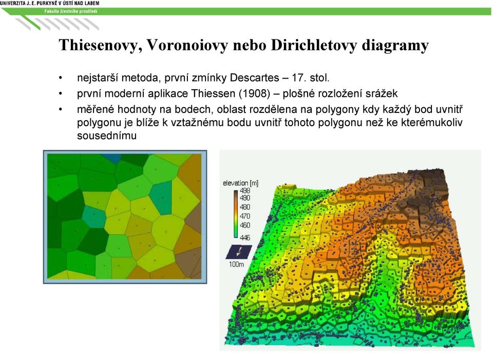 první moderní aplikace Thiessen (1908) plošné rozložení srážek měřené hodnoty na