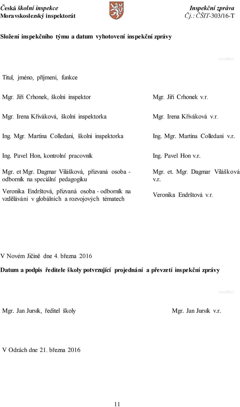 Dagmar Vilášková, přizvaná osoba - odborník na speciální pedagogiku Veronika Endrštová, přizvaná osoba - odborník na vzdělávání v globálních a rozvojových tématech Ing. Pavel Hon v.r. Mgr.