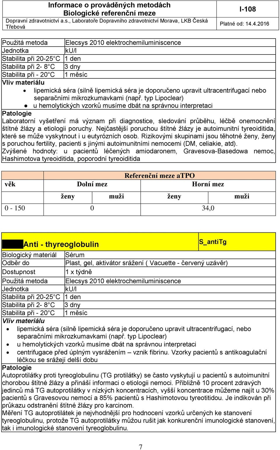 typ Lipoclear) u hemolytických vzorků musíme dbát na správnou interpretaci Patologie Laboratorní vyšetření má význam při diagnostice, sledování průběhu, léčbě onemocnění štítné žlázy a etiologii