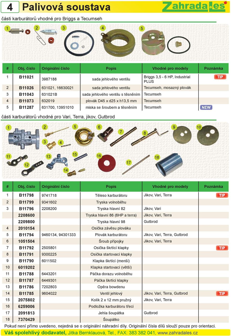 a těsněním Tecumseh části karburátorů vhodné pro Vari, Terra, jikov, Gutbrod 5 6 7 8 9 10 3 11 12 13 1 15 16 17 18 Popis Vhodné pro modely Poznámka 1 B11798 971718 Těleso karburátoru Jikov, Vari,