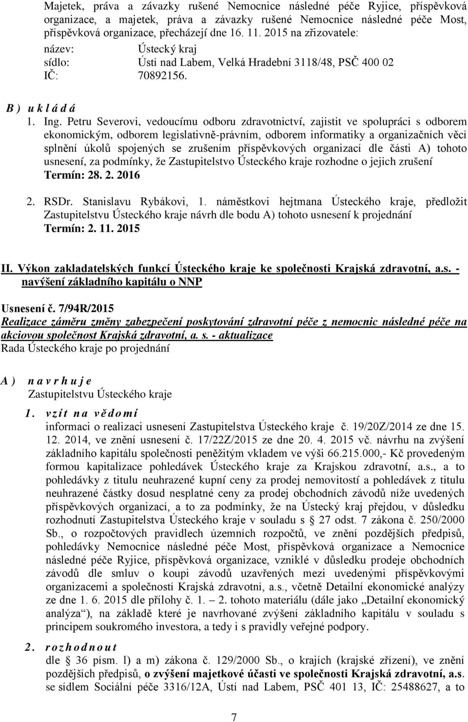 Petru Severovi, vedoucímu odboru zdravotnictví, zajistit ve spolupráci s odborem ekonomickým, odborem legislativně-právním, odborem informatiky a organizačních věcí splnění úkolů spojených se