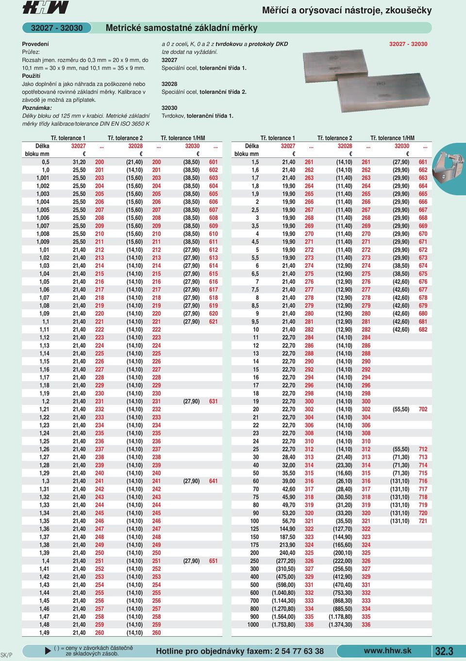 Metrické základní měrky třídy kalibrace/tolerance DIN EN ISO 3650 K a 0 z oceli, K, 0 a 2 z tvrdokovu a protokoly DKD lze dodat na vyžádání. 32027 Speciální ocel, toleranční třída 1.