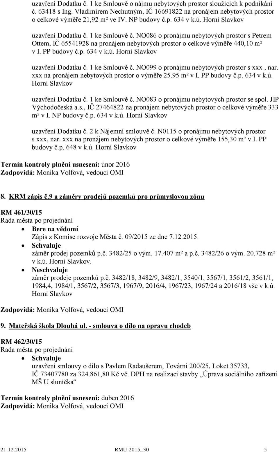 NO086 o pronájmu nebytových prostor s Petrem Ottem, IČ 65541928 na pronájem nebytových prostor o celkové výměře 440,10 m² v I. PP budovy č.p. 634 v k.ú. Horní Slavkov uzavření Dodatku č.