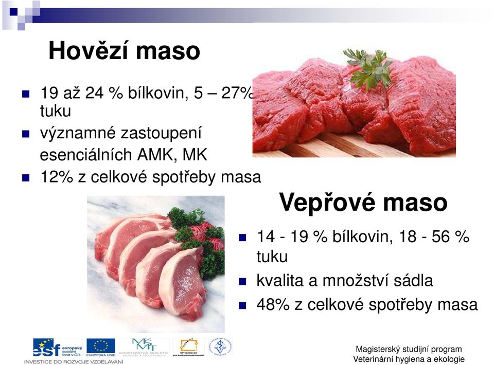 celkové spotřeby masa Vepřové maso 14-19 % bílkovin,