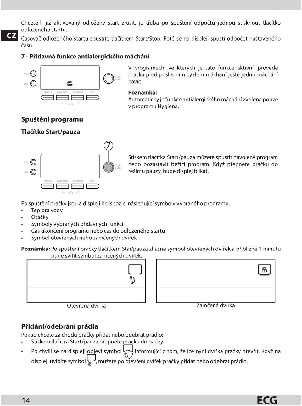 7 - Přídavná funkce antialergického máchání V programech, ve kterých je tato funkce aktivní, provede pračka před posledním cyklem máchání ještě jedno máchání navíc.